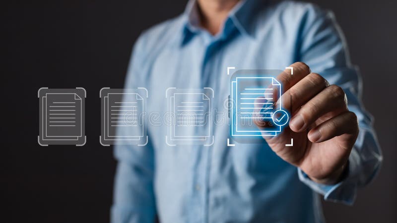 Man touch screen to manage data,Document Management System (DMS),knowledge and documentation in enterprise with ERP. royalty free illustration