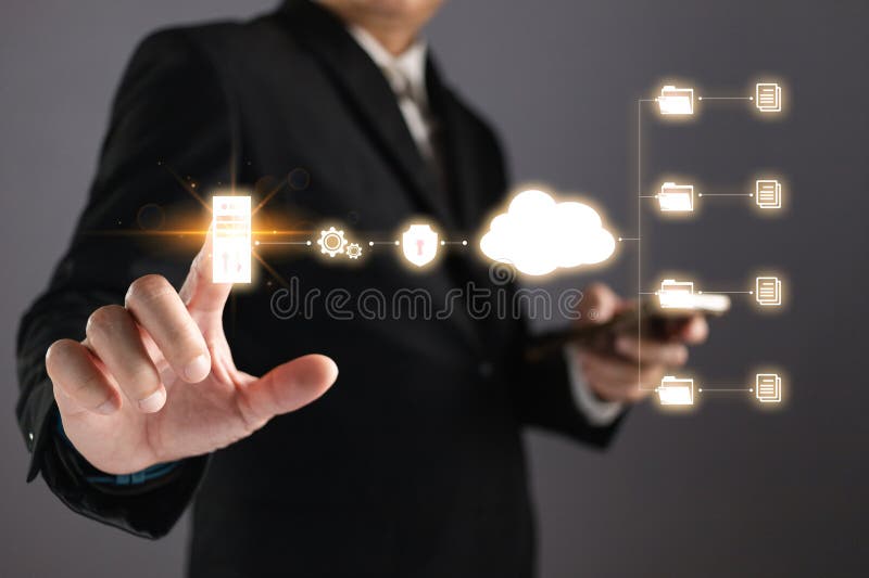 Man touch screen to manage data,Document Management System ,knowledge and documentation in enterprise with ERP. online royalty free stock photography