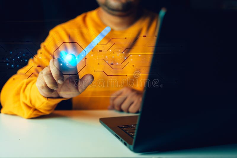 Man touching check icon on virtual screen to confirm. Business process automation, certification, service guarantee stock photos