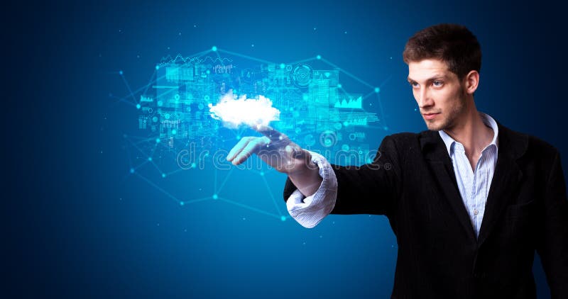 Man touching cloud system hologram. Man touching hologram projection displaying information from cloud based systemn stock photo Man touching cloud system hologram. Man touching hologram projection displaying information from cloud based systemn stock photo