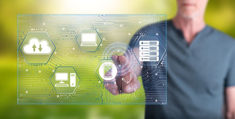 Man touching a computer network concept on a touch screen with his finger