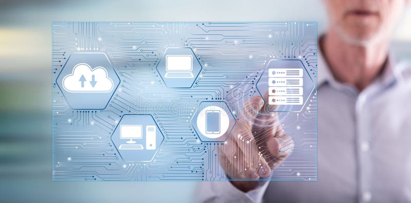 Man touching a computer network concept stock images