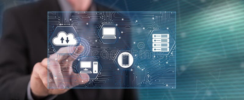 Man touching a computer network concept royalty free stock photo