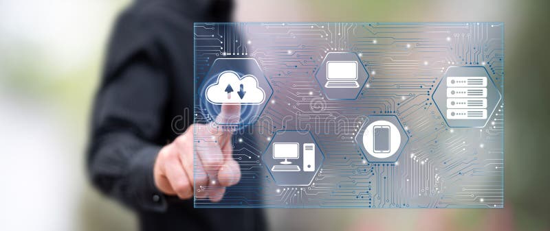 Man touching a computer network concept stock photography
