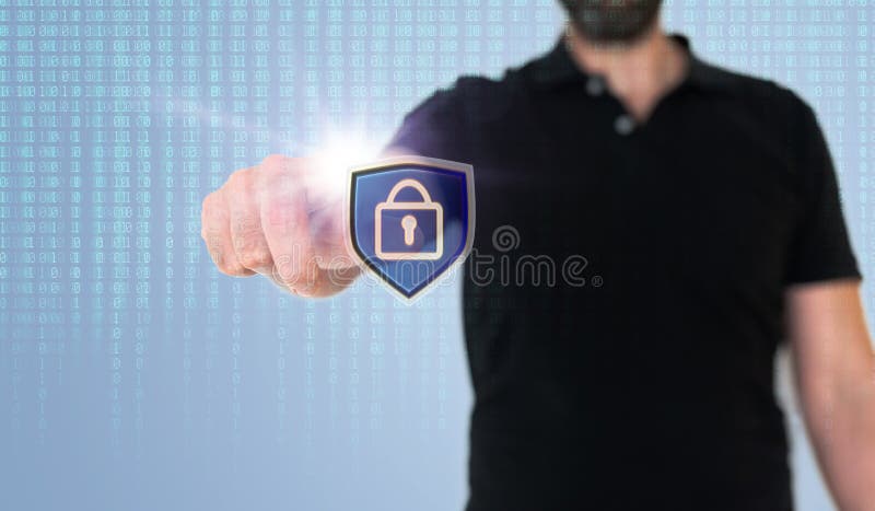 Man touching data security or data privacy icon on translucent screen with binary code stock image