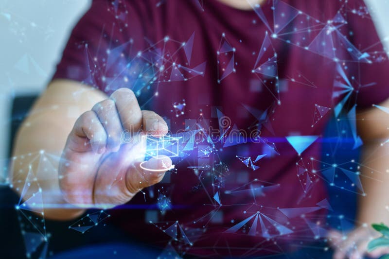 Man touching metaverse technology on global network connecting. stock photos