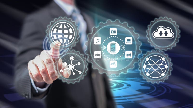 Man touching a mobile applications concept stock images