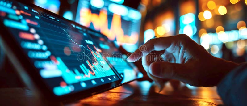 A man touching a mobile device, close up image of a person using fintech software on his smart device. stock photo