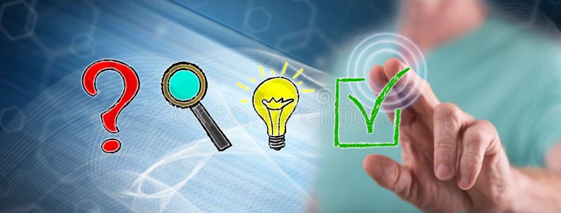 Man touching a problem solving concept stock photos