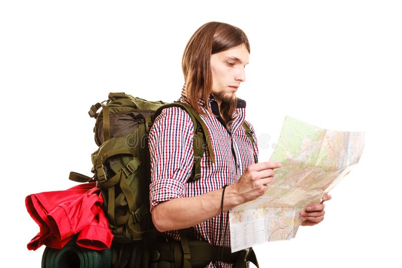 Man tourist backpacker reading map. Summer travel. stock image Man tourist backpacker reading map. Summer travel. stock image