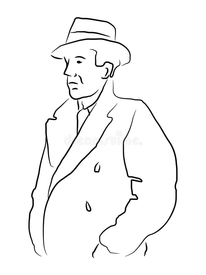 Vector illustration of a man in an old-fashioned trench coat and hat in outlines. Vector illustration of a man in an old-fashioned trench coat and hat in outlines.