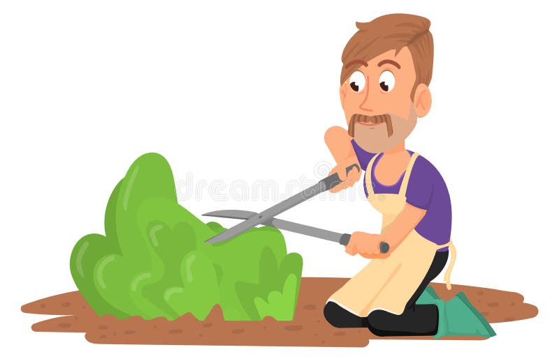 Gardener Trimming Green Bush. Cartoon Farmer with Scissors Stock Vector ...