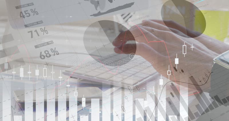 Man typing in his keyboard against the image of financial data 4k royalty free stock photo