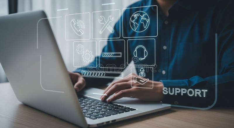 Man typing on laptop with support icons overlayed representing customer service and technical assistance vector illustration