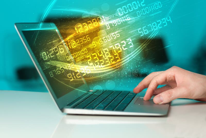 Man typing on modern notebook with number technology data coming. Man typing on modern notebook with future number technology data coming out Man typing on modern notebook with number technology data coming. Man typing on modern notebook with future number technology data coming out