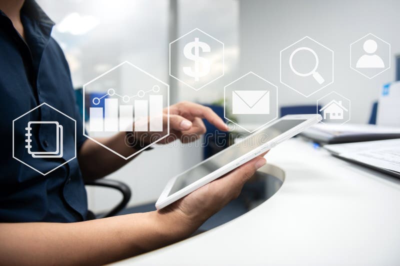 Man typing the tablet screen with business value diagram icon for online business concept royalty free stock photos