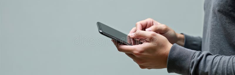Man uses a smartphone. Person holds mobile to communicate or manage business via digital device. Modern tech concept for online royalty free illustration