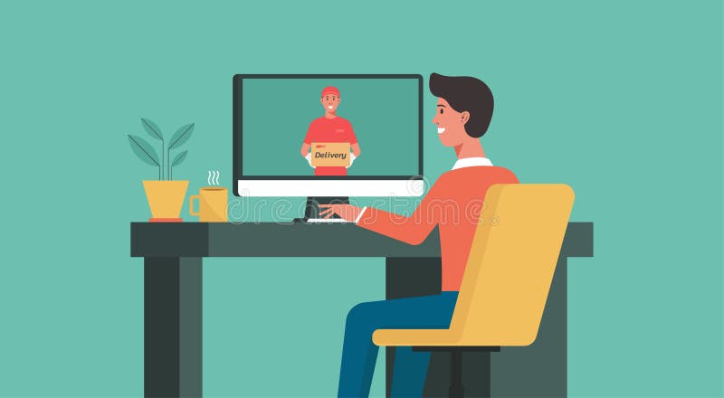 Man using computer at home video call conferencing a deliveryman stock illustration