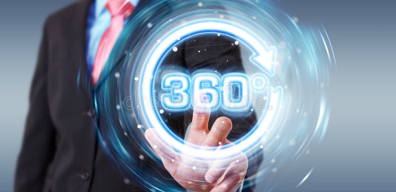 Man using 360 degree virtual reality neon interface 3D rendering stock illustration
