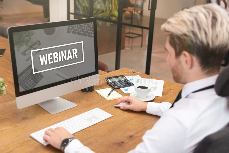 Man using e-learning platform, webinar concept royalty free stock images