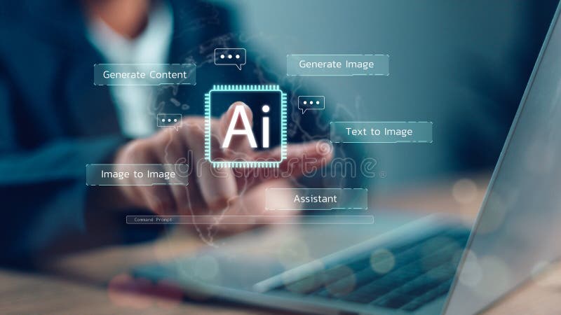 Man using hand AI, Artificial Intelligence to generate content. Text to image, smart AI, by entering command prompt for generates something, Futuristic technology Business transformation. Intelligence algorithm man stock images, royalty-free photos and pictures