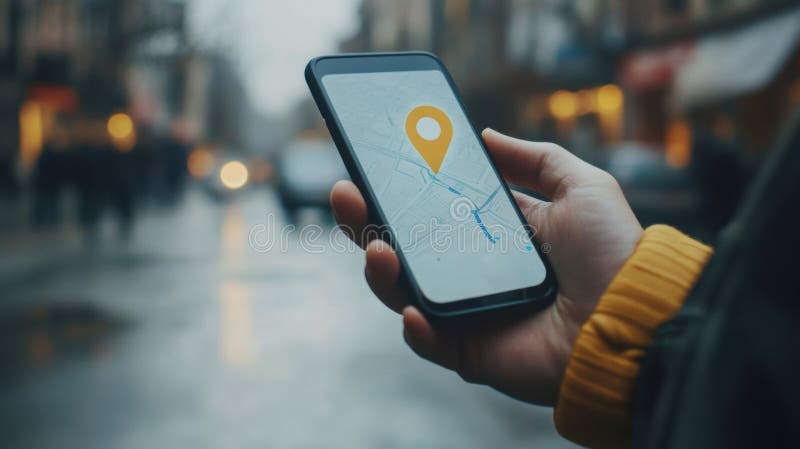 A man is using his smartphone to find directions with a visible location pin on the screen in a bustling city royalty free stock images