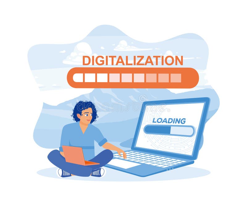 Man using laptop creating digital world concept. Hologram digitalization word and loading bar element icon on the laptop screen. royalty free illustration