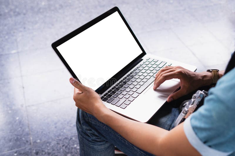 Man using laptop with white blank screen can be add your texts or others, empty copy space for advertising, product display stock images Man using laptop with white blank screen can be add your texts or others, empty copy space for advertising, product display stock images