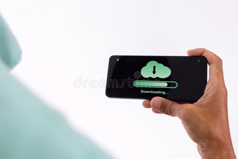 Man using a mobile phone to download data from cloud storage. Cloud technology and data storage concept