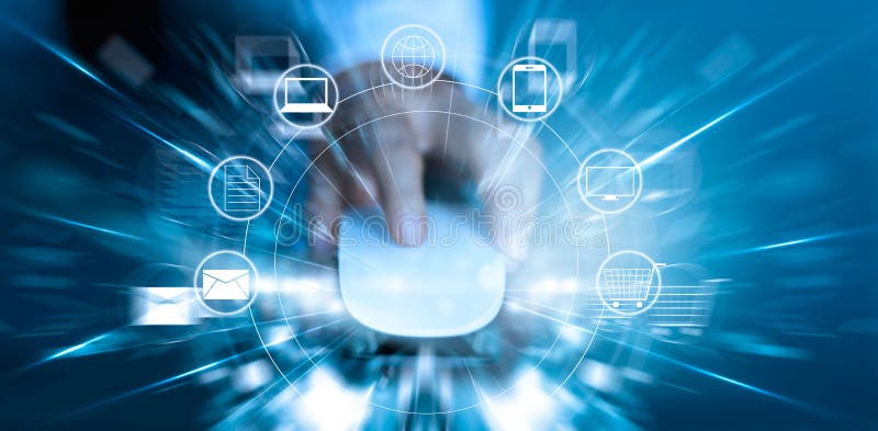 Man using mouse payments online shopping and icon customer network connection. Fast speed, m-banking and omni channel Man using mouse payments online shopping and icon customer network connection. Fast speed, m-banking and omni channel