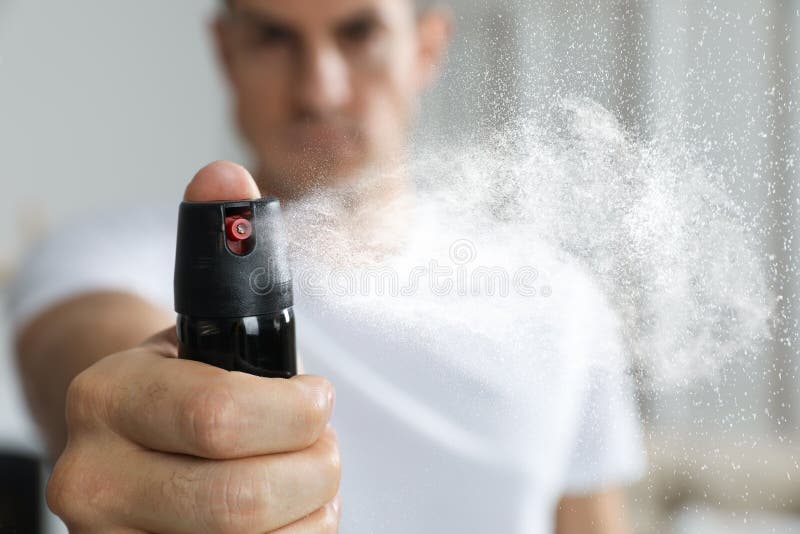 Man Using Pepper Spray at Home, Focus on Hand Stock Image Image of fight, male 250906559