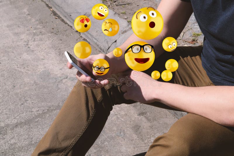 Man Using Smartphone Sending Emojis. Stock Photo Image of cellphone