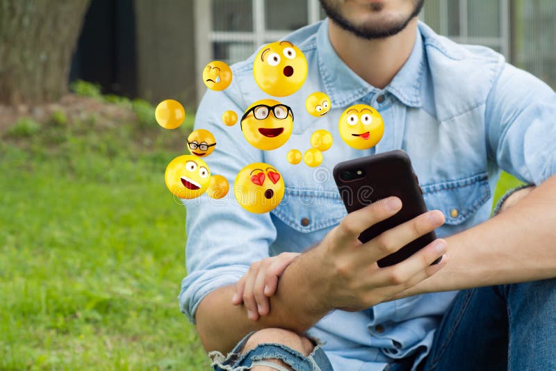 Man Using Smartphone Sending Emojis Stock Image Image of holding