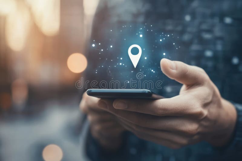 A man is using a smartphone to check a location pin on screen, showcasing navigation capabilities while in an urban environment. AI generated