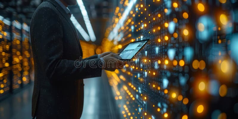 Man using tablet in a data center with illuminated servers and glowing network lights royalty free stock photos