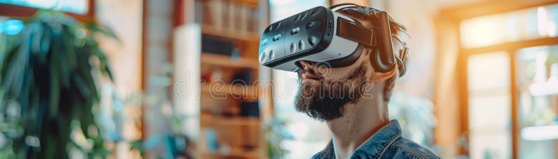 Man using virtual reality headset in a bright room, exploring immersive technology, experiencing VR simulation, futuristic digital vector illustration