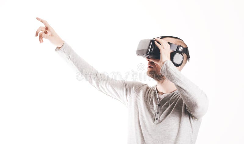 Man Using Virtual Reality Headset at White Background Stock Image - Image  of technology, headset: 140415451