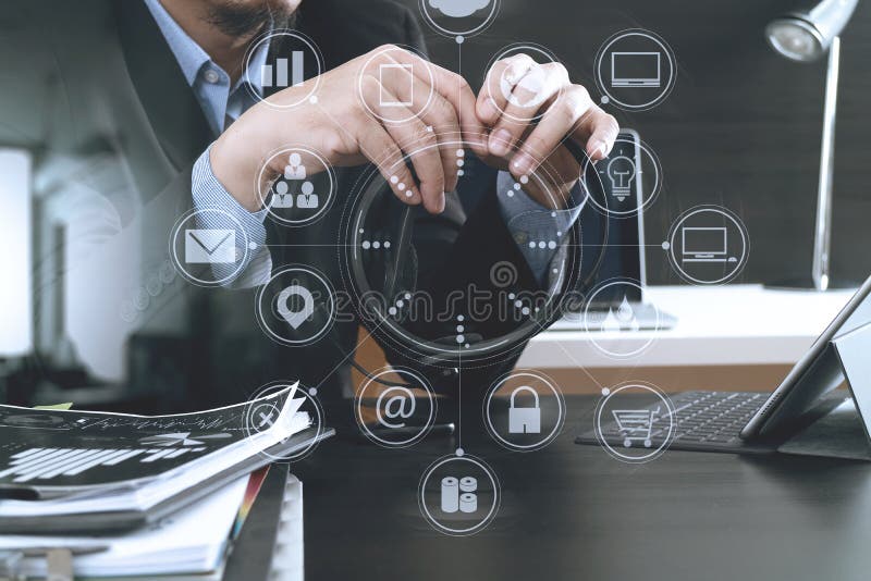 Man using VOIP headset with digital tablet computer as concept c royalty free illustration