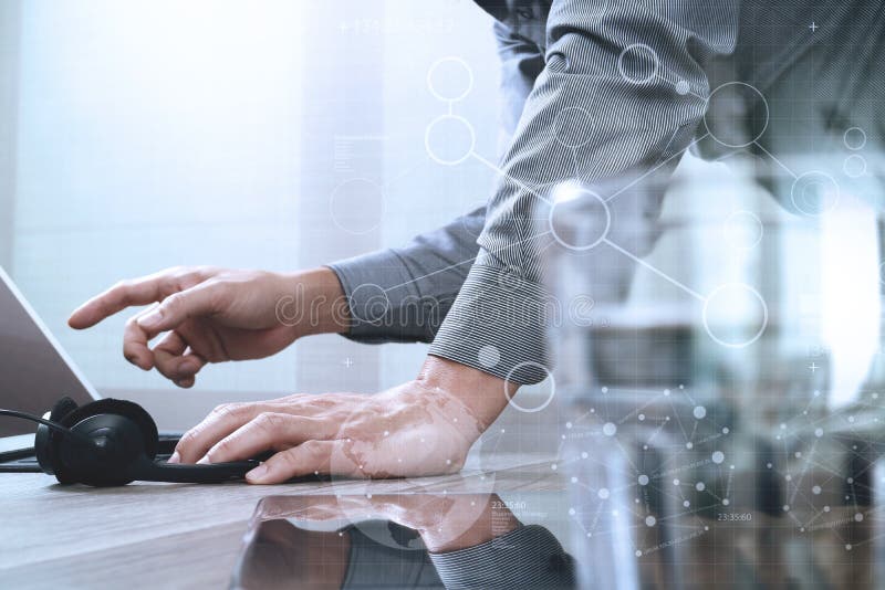 Man using VOIP headset with digital tablet computer docking smart keyboard, concept communication, it support, call royalty free illustration