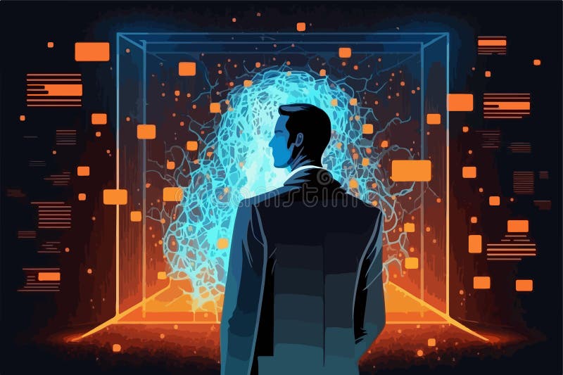 Man using website on tech tree screen interface vector illustration. vector illustration