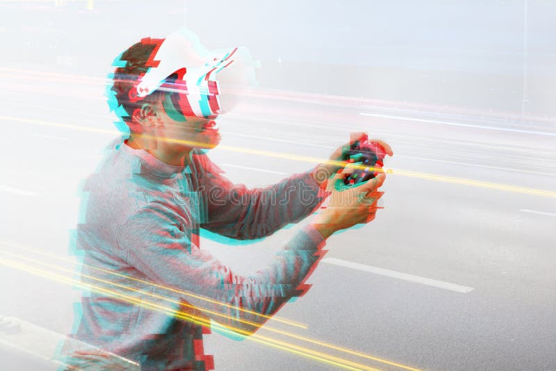 Man with virtual reality headset is playing game. Image with glitch effect. royalty free stock photos