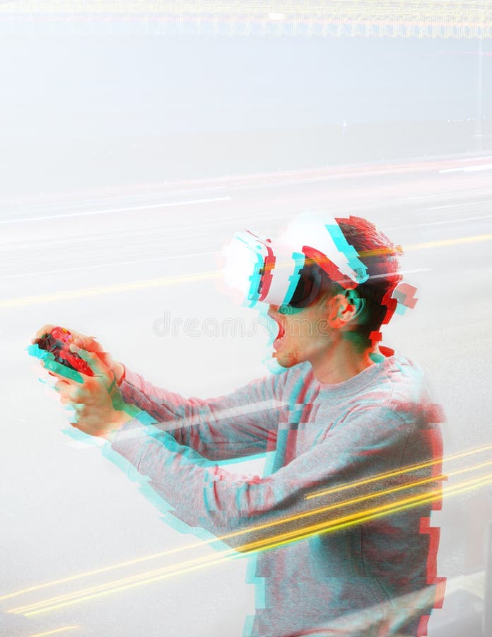 Man with virtual reality headset is playing game. Image with glitch effect. royalty free stock photography