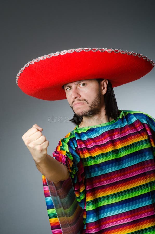 The Man in a Vivid Mexican Poncho Gray Background Stock Photo - Image ...