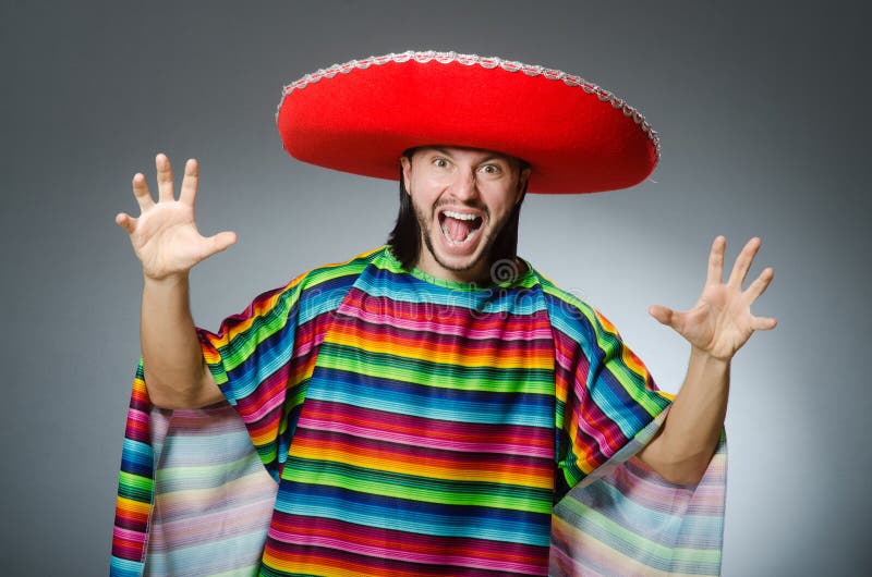 The Man in a Vivid Mexican Poncho Gray Background Stock Photo - Image ...