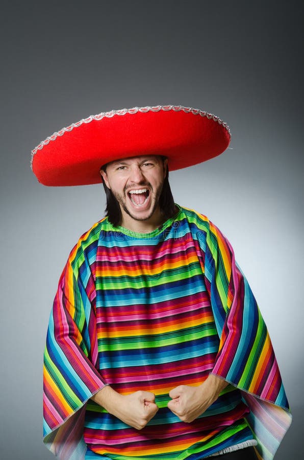 The Man in a Vivid Mexican Poncho Gray Background Isolated Stock Image ...