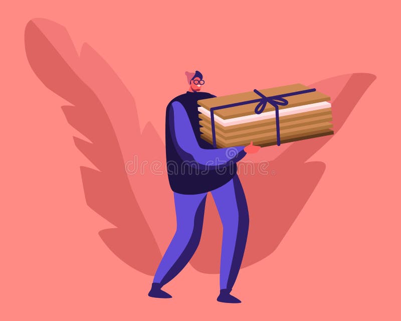 Man Volunteer Carry Pile of Old Used Carton Sheets Collecting Trash for Recycling and Reuse. Environmental Problem stock illustration