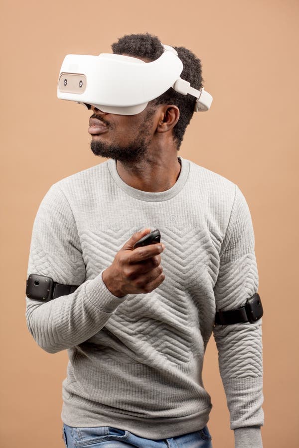 Black Man Wearing 3d Vr Glasses, Playing Videogame, Holding Joystick in