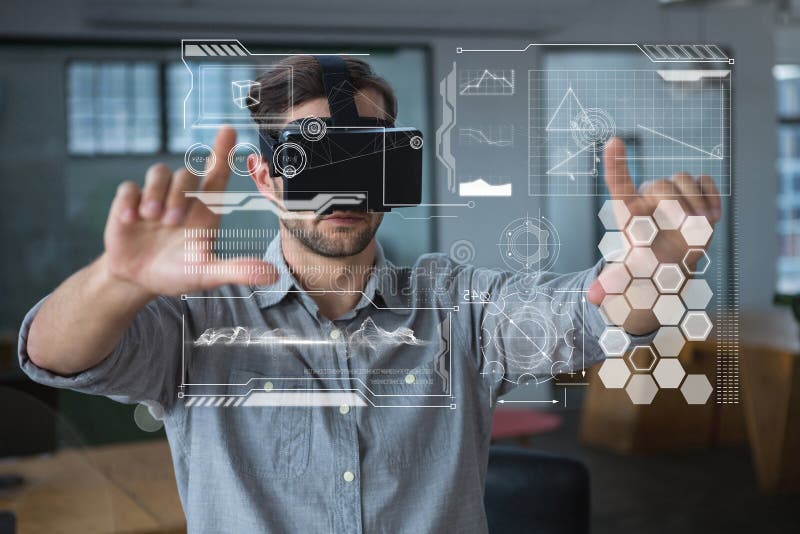 Man in VR headset touching interfaces stock photo