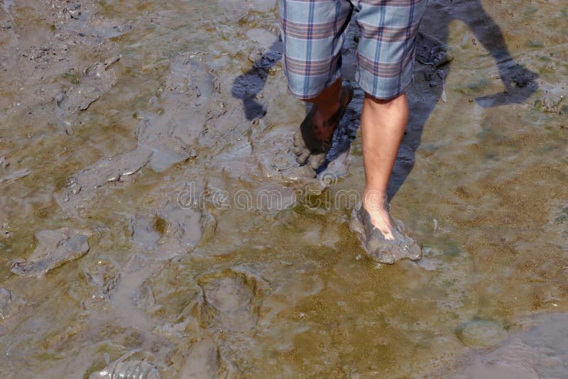 A man are walking barefoot in mud, feet of a man standing on the ground and step walk on the mud, adult feet in mud, muddy wet and royalty free stock photos A man are walking barefoot in mud, feet of a man standing on the ground and step walk on the mud, adult feet in mud, muddy wet and royalty free stock photos