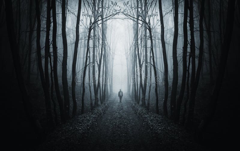 Hombre sobre el oscuro El camino en extrano oscuro Bosque niebla.